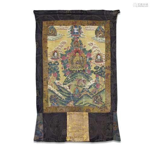 THANGKApolychrome sur toile, représentant le Bouddha Shakyam...