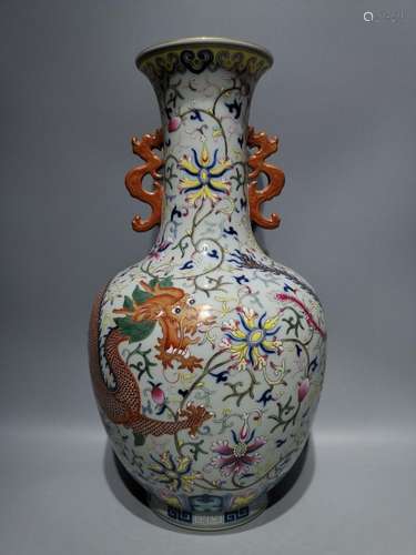 Blue and white famille rose dragon and phoenix amphora