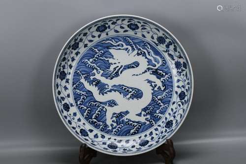 Blue and white tangled lotus and five dragons plate