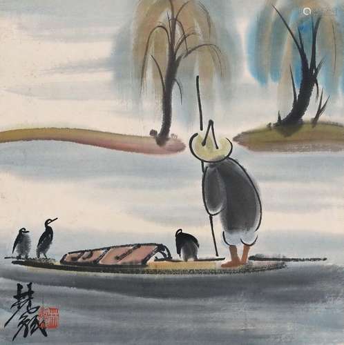 Lin Fengmianfishing boat water bird illustration