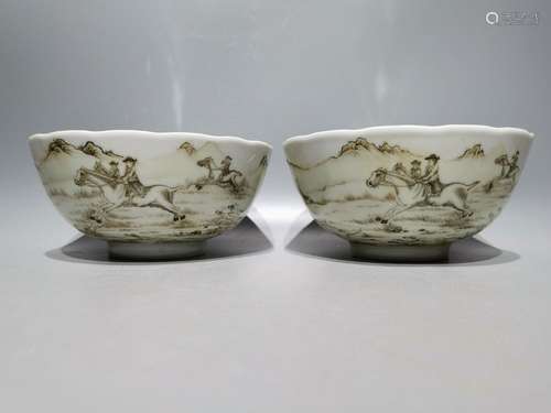 Pair of Ink and Color Hunting Bowls