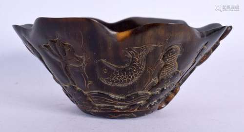 A CHINESE CARVED BUFFALO HORN BOWL 20th Century. 12 cm wide.