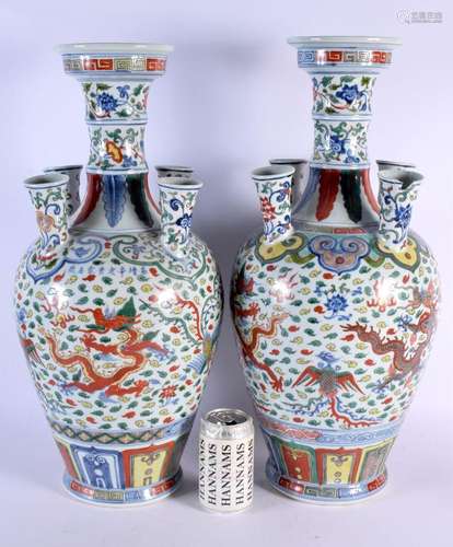 A LARGE PAIR OF CHINESE WUCAI PORCELAIN TULIP VASES 20th Cen...