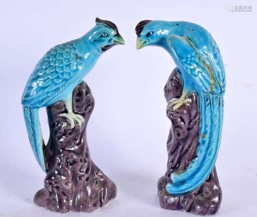 A PAIR OF 19TH CENTURY CHINESE TURQUOISE GLAZED BIRDS Kangxi...