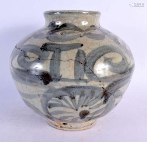 A 19TH CENTURY KOREAN BLUE AND WHITE BULBOUS VASE painted wi...