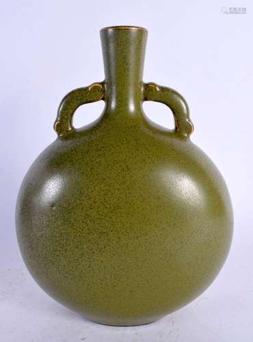 A CHINESE TWIN HANDLED GREEN STONEWARE PILGRIM FLASK probabl...