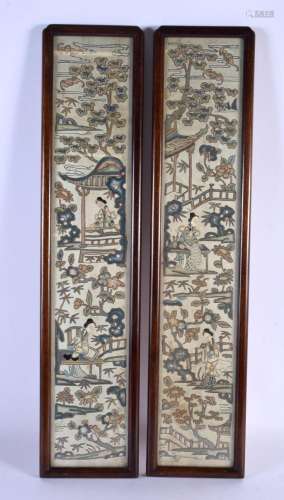 A PAIR OF 19TH CENTURY CHINESE SILK WORK EMBROIDERED PANELS ...