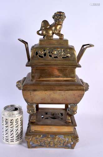 A LARGE 19TH CENTURY CHINESE TWIN HANDLED BRONZE CENSER AND ...