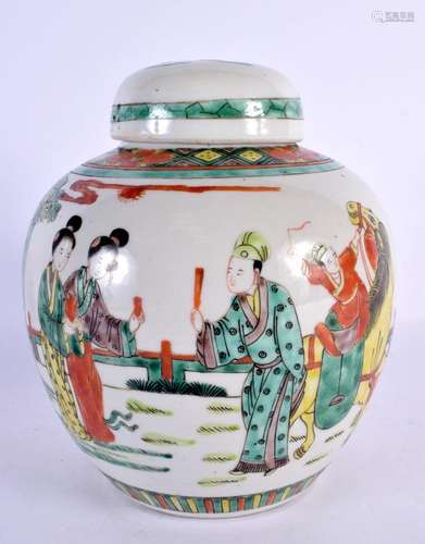 A 19TH CENTURY CHINESE FAMILLE VERTE PORCELAIN GINGER JAR AN...