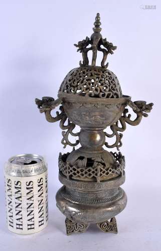 A CHINESE SILVERED BRONZE INCENSE BURNER AND COVER 20th Cent...