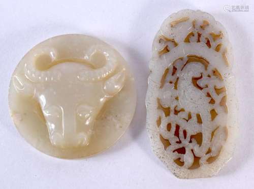 TWO CHINESE CARVED GREEN JADE PLAQUES probably 19th century....