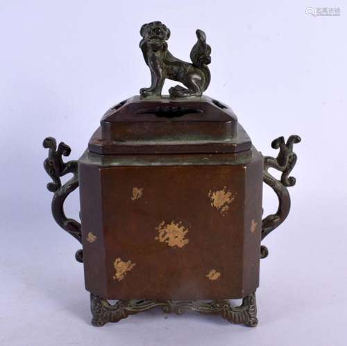 A CHINESE TWIN HANDLED GOLD SPLASH BRONZE CENSER AND COVER 2...