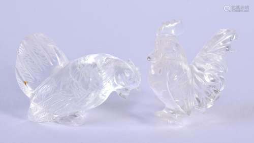 A PAIR OF 19TH CENTURY CHINESE CARVED ROCK CRYSTAL HENS Qing...