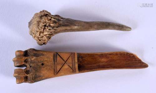 TWO 19TH CENTURY JAPANESE MEIJI PERIOD STAG ANTLER PINS. Lar...