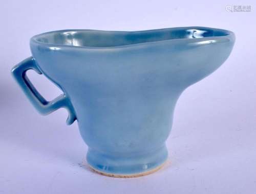 A 19TH CENTURY CHINESE MONOCHROME BLUE CELESTER LIBATION CUP...