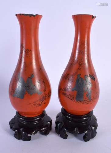 A PAIR OF CHINESE REPUBLICAN PERIOD RED LACQUER VASES painte...