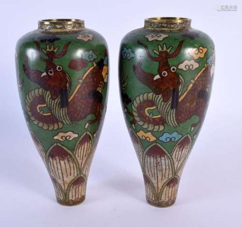 A PAIR OF CHINESE QING DYNASTY CLOISONNE ENAMEL DRAGON VASES...