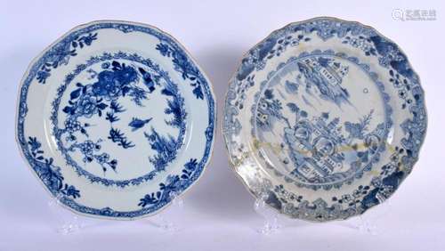 TWO 18TH CENTURY CHINESE EXPORT BLUE AND WHITE PORCELAIN PLA...