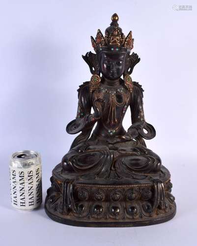 A LARGE JEWELLED CHINESE SINO TIBETAN BRONZE BUDDHA modelled...