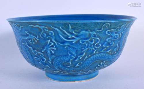 A CHINESE BLUE GLAZED DRAGON BOWL 20th Century. 15 cm diamet...