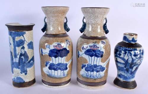 A 19TH CENTURY CHINESE BLUE AND WHITE CRACKLE GLAZED CYLINDR...