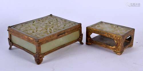 A PAIR OF EARLY 20TH CENTURY CHINESE BRASS AND JADE BOXES AN...