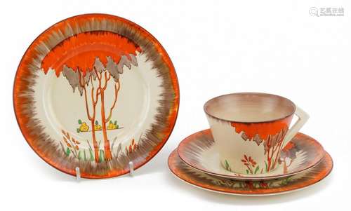 Clarice Cliff, Art Deco Honeyglaze conical teaware hand pain...