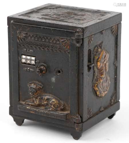 Antique cast iron miniature combination safe decorated in re...