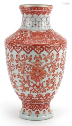 Chinese porcelain vase hand painted in iron red with flower ...