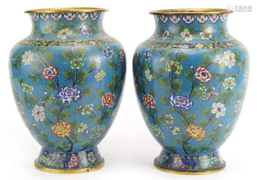 Pair of Chinese cloisonne vases finely enamelled with flower...