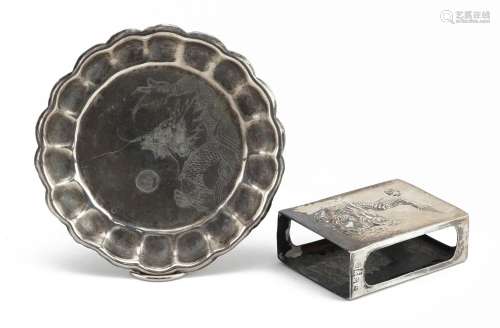 Chinese export silver matchbox case and circular tray emboss...