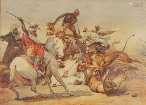 After Peter Paul Rubens - A lion hunt, watercolour, mounted,...