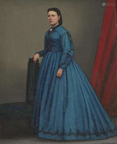 Full length portrait of a female wearing a blue dress, mid 1...