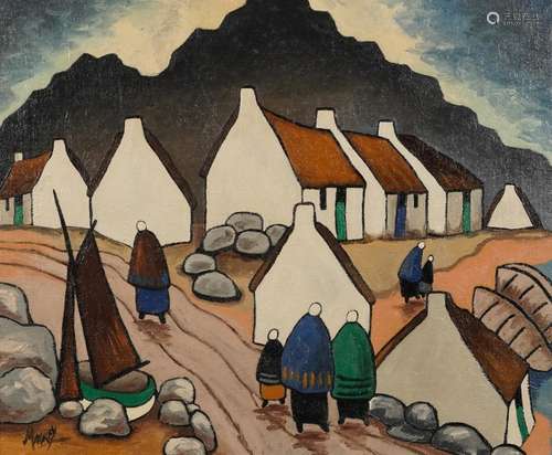 Manner of Markey Robinson - Coastal landscape with figures a...