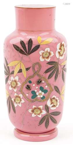 Victorian pink opaline glass vase decorated in relief with i...