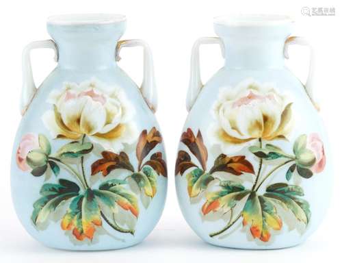 Pair of 19th century opaline glass vases with twin handles, ...