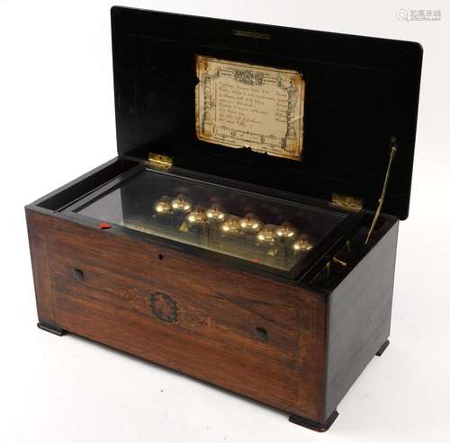 19th century French inlaid rosewood music box with nine bell...