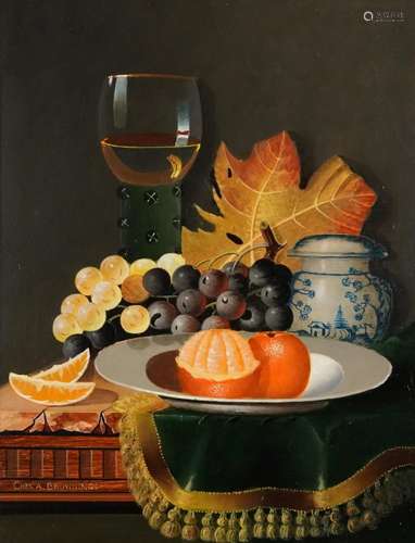 Charles A Browning - Still life fruit and vessels, oil on ca...