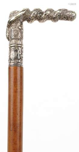 Victorian malacca walking stick with silver plated serpent d...