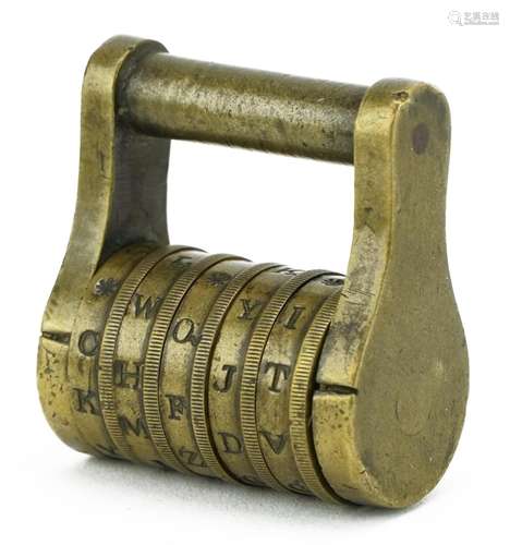 Antique brass five combination letter padlock, 3.5cm wide : ...