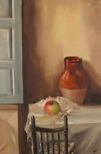 Interior scene with still life apple and vessel, oil on canv...