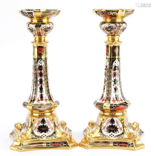 Pair of Royal Crown Derby Old Imari pattern candlesticks num...