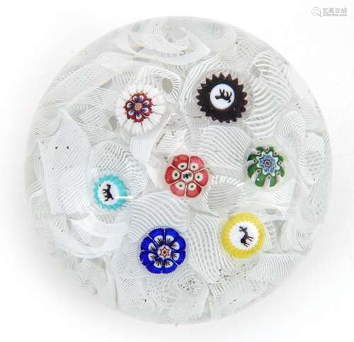 19th century millefiori glass paperweight with animal canes,...