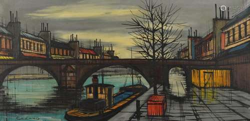 Gerard - Canal scene with barge below a bridge, 1960s oil on...