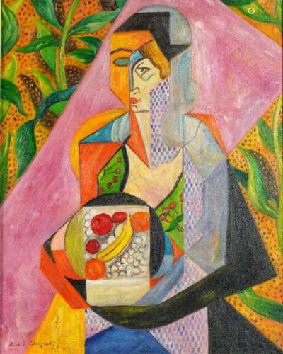 Female with flowers and leaves, Cubist school oil on board, ...