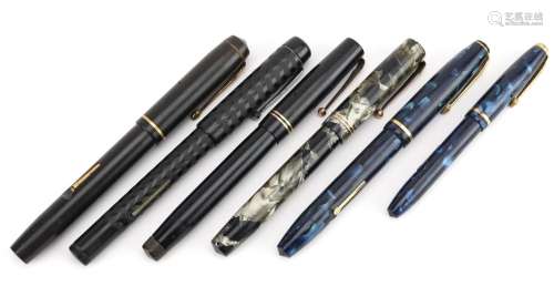 Six vintage fountain pens with gold nibs, three marbleised, ...