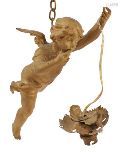 Gilt metal cherub design light pendant, the cherub 30cm high...