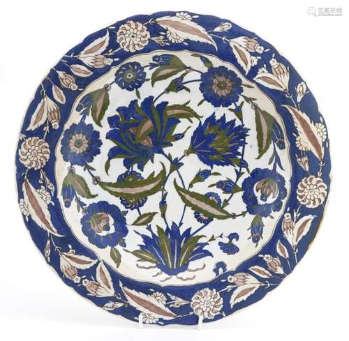 Turkish Ottoman Iznik pottery shallow charger hand painted w...