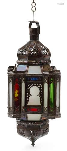 Moroccan copper glass hanging lantern with coloured glass pa...