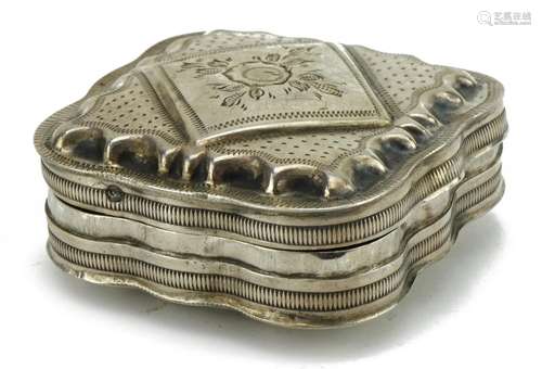 Dutch silver snuff box, the hinged lid with engraved decorat...